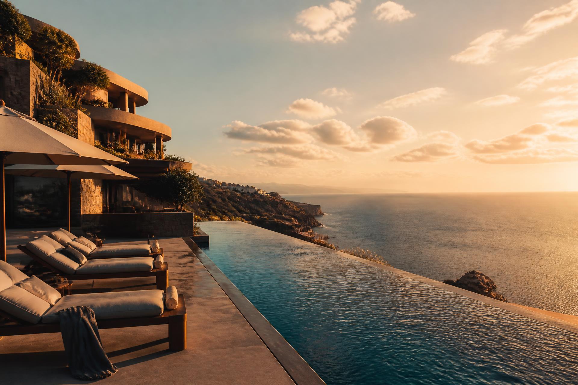 Sunset over an infinity pool at a cliffside luxury resort